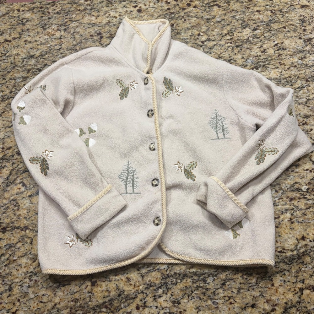 Holiday Lodge by NorthCrest Fleece Cardigan Cream Embroidered Nature Large 14-16